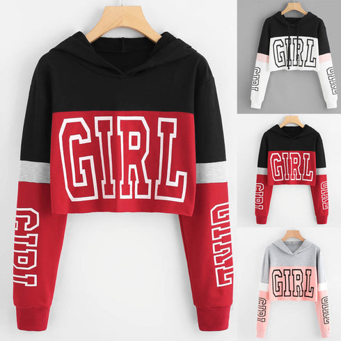 Crop Top Hoodie  Sweatshirt Hoodies Women Patchwork Lett - ROUTINE FASHION